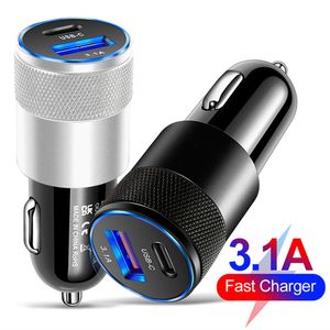 38W 3.1A PD Caricatore di auto portatile Metal Dual 2-Porta USB-A USB-C Adattatore per auto di ricarica rapida per iPhone 15 14 13 12 11 Pro Plus Xiaomi Huawei Samsung S24 S22 Caricatore veloce