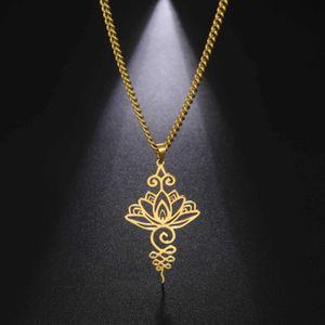 Подвесные ожерелья Skyrim Unalome Lotus Flower Pendation Ожерелье из нержавеющей стали Золотая Цветовая цепь для женщин йога буддизм духовные украшения Soucry Jewelry y240420
