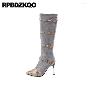 Botlar Yüksek Topuk Kadınlar Uzun Gri Ayakkabılar 13 45 İnce Diz 12 44 Binbaşı Kare Toe Yan Zip Stiletto Süet Seksi Plus