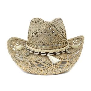 Angelica el dokuması batı kovboy şapkası tuzlu çim doğal saman şapka güneş vizörü kadınlar için kemer ile moda 240412