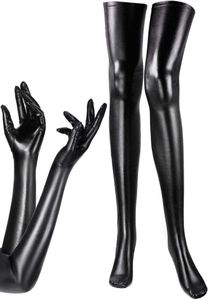 Dirsek diz pedleri kadın039s kostüm seti elastik spandex parlak ıslak uzun eldivenler ve uyluk yüksek çorapları 5500966