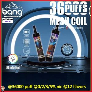 Многие затяжные бэнксины Bang Puff 36000 E Cigarettes Kit 36K Puffs Ondayable Vape Pen Pen 40ml E-Liquid Coil Перезаряжаемая 850 мАч аккумуляторных вейперов 0% 2% 3% 5% 12 Цветов испарители испарения