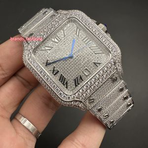 Man's Buzlu Out Diamond Watch Side Full Elmas Gümüş Paslanmaz Çelik Kılıf Romannumerals CZ Parlak İyi Otomatik Hareket Hip Hop