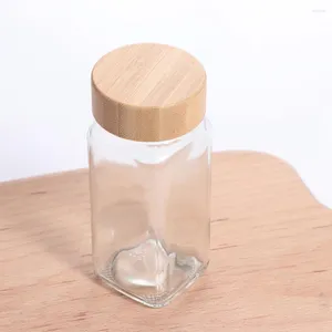 Бутылки для хранения стеклянные банки с прямой квадратной перфорированной бутылкой прозрач с бамбуковой деревянной крышкой кухонные инструменты шкаф