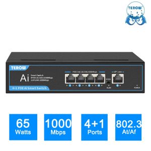 Kontrol Terow Poe Anahtarı Tam Gigabit 5 bağlantı noktası 1000Mbps Ağ LAN RJ45 HUB IP Kamera/Kablosuz AP/WiFi için Akıllı Ethernet Anahtarlayıcı 65W