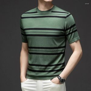 Erkek Sweaters Yüksek Sınıf Lyocell Örgü Tees 2024 Yaz Klasik Stripes O-Beck Triko Üstleri İnce Elastik İpek Pamuklu Tişört