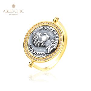 Yüzükler Yunan tanrısı çeviren gümüş madeni para 18k altın ton katı 925 gümüş dönen Roma paraları vintage yüzük R1063
