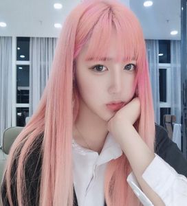 Yeni Koreli pop kız patlama peruk uzun düz saç peruk tam kulaklık pembe kahverengi siyah peruklar8822230