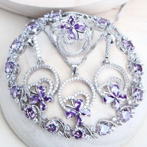 Strands Purple Zirconia Gümüş 925 Gelin Takı Setleri Kadınlar için Kostüm Mücevher Bilezikleri Alyans Küpe Kolye