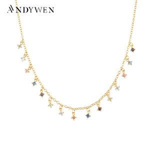 Kolyeler Andywen 925 STERLING Gümüş Sage Zircon CZ Fox Five Zircon CZ Coker Uzun Zincir Kolye Gökkuşağı Cazibesi Kristal Düğün Takı