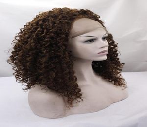Парик для волос высокой плотности темно -коричневый кудрявый синтетический кружевный парик для чернокожих женщин Дешевые короткие вьющиеся парики афро изгиб синтезаторгл 8850969