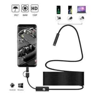 Kameralar 15m USB Endoskop Kamerası 8.0mm 720p OTG Android Telefon PC için 3 Arada 1 Tip C Esnek Araç Boru Teftiş Borescope 6 LED ile