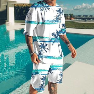Summer Hawaii Tshirts Şort Setleri Sea Beach 3D Baskı Erkek Moda Takipleri Kısa Kollu Tişört Pantolon Set Man Suit Giyim 240416