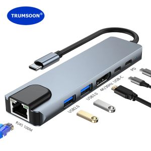 Hubs Trumsoon USB C HUB TO RJ45 LAN 4K HDMICAMATIBLE USB 3.0 2.0 Тип C PD Dock Splitter для MacBook iPad Samsung S21 DEX Switch
