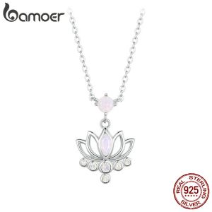 Kolyeler Bamoer 925 STERLING Gümüş Lotus Kolye Kolye Pembe Opal Çiçek Boyun Zinciri Kadın Nişan Doğum Günü Güzel Takı Hediyesi