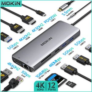 İstasyonlar Mokin 12in1 yerleştirme istasyonu USB2.0, USB3.0, HDMI 4K30Hz, DP 4K60Hz, PD 100W, SD, TF, RJ45 1Gbps, MacBook Air/Pro için Ses Sesli