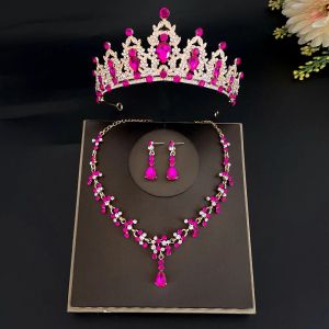 Kolyeler Moda Kristal Tiaras Taçlar Gelin Düğün Takı Seti Rhinestone Crown Küpe Kadın Aksesuarları Diadem Headdress