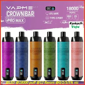 Vapme Crown Bar 18000 Pro Max одноразовый 18K Puffs E-сигаретная сетчатая катушка DTL Vape Smart Screen 0% 2% 3% 5% Type-C Port Vape Pen 12 Вкусы выберите VS Al Fakher 8000