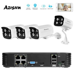 Lens Azishn Full HD 1080p 4Channel CCTV System 4pcs 2MP Metal Outdoor IP -камера 4CH 1080p POE 48V NVR CCTV Kit HDMI P2P С будильник по электронной почте