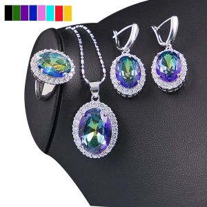 Kolyeler Gümüş 925 Klasik Takı Setleri Kadınlar Mavi Gökkuşağı Safir Topaz Ametist Morganite Gelin Takı Küpe Küpe Yüzük