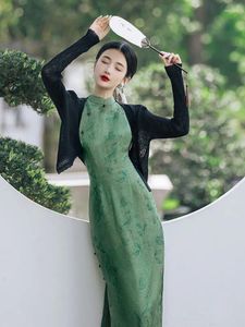 Sıradan elbiseler yeşil Çin ulusal tarzı zarif vintage qipao etek yaz kadınlar için parti kıyafetleri 2024 giyim cheongsam elbise