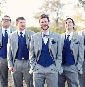Gri düğün sağdıç smokin klasik stil üç parça kraliyet mavi yelek özel yapım damat erkekler ceket yelek pantolon9397231
