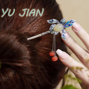 Mücevher S925 Gümüş Antika Sterling Silverhairpin Kadın Basit Saçkopu Ploisonne Püskül Sarma Hanfu Cheongsam Başlık