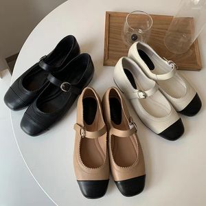 Sıradan Ayakkabı Avrupa Vintage Rahatla Deri Kadın Kare Toe Yumuşak Gerçek Daireler Kadın Kontrast Renkli Bayanlar Strappy Ayakkabı