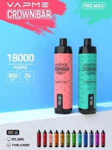 Orijinal Vapme Taç Bar 18000 Pro Max Tek Kullanımlık Vape 12 Flavors Puff 18K E Sigara Tip-C 850mAH Önceden 25ml Kartuş 0% 2% 5% 5 Pod Vape Kalem Bar Vs Shisha Nargile 15k