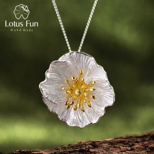 Kolyeler Lotus Fun Real 925 Sterling Gümüş El Yapımı İnce Mücevherat 18K Altın Çiçek açan Poppies Çiçek Kolye Kadınlar için Kolye Olmadan