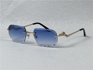 Классические солнцезащитные очки Мужчины дизайн без оправа кристаллической поверхности нерегулярная UV400 золотые светлые линзы животные металлические храмы Летние очки 0120