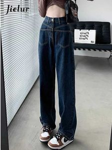 Jeans femminile jeans jeans dritti grigio blu per donne Nuova autunno inverno High Wiist Slim Wide Leg Womans Woman Strtwear S-XL Y240422
