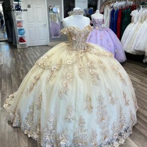 Yeni stil aso ebi boncuklu 3d çiçek aplikler tatlım quinceanera elbiseler omuz kapalı omuz tatlım balo elbisesi akşam parti pageant doğum günü önlük