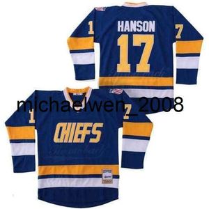 Kob Weng Hanson #17 16 Home Jersey 18 Jeff Hanson Blue White Slapshot Kardeşler Charlestown Şefleri - Özel Jersey Herhangi bir Sayı İsmi Dikiled (S -4XL)