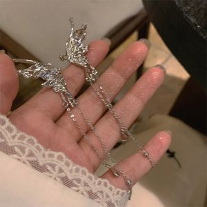 Küpe Kpop Gümüş Renk Erimiş Metal Metal Peri Kanatları Kelebek Uzun Püskül Klipler Kadınlar İçin Küpeler Gençler Soğuk Kulak Kuff Partisi Takı