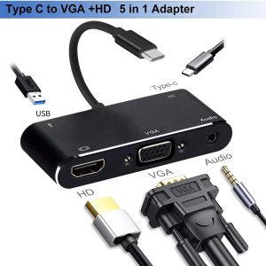 Hubs USB C 5IN1 Hub Thunderbolt 3 Typec to HD VGA Display USB3.0 3,5 -мм адаптерный кабель адаптера с PD для зарядного порта для MacBook iPad Pro Pro