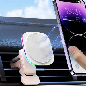 Şarj Cihazları Manyetik Araba Kablosuz Şarj Cihazı RGB LED Işık Hava Havalandırma Montaj Telefon Tutucu MacSafe Hızlı Şarj İstasyonu İPhone 14 13 12 Pro Max için