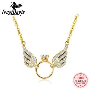 Halsketten Trustdavis Real 925 Sterling Silber Winkel Flügel Zirkon Anhänger Halskette Frauen 14K Gold plattiert Hochzeit Luxusschmuck Geschenk L124