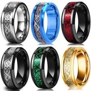 Полосы 10 цветов 8 мм мужской нержавеющей стали кельтского кольца Dragon Inlay Red Green Black Carbon Fiber Кольцо для обручального кольца. Размер 613 Размер 613