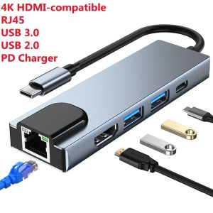 Hubs USB C Hub 5in1 MultioPort Adapter с USB 3.0 Ethernet Network Pd Charger 4K HDMI Совместимый с адаптером для всех типов ноутбуков