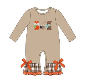 Огромная распродажа Hot Sale Cotton девочки с длинными рукавами с длинным рукавом Три вышита лисы с темным кофейным комбинезом новорожденные новорожденные цветочные комбинезоны для детей
