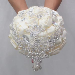 Hochzeitsblumen Design Elfenbein Braut Bouquet de Mariage Rose Blume Kristall Künstliche Blumensträuße Brautjungfer Buque Noiva