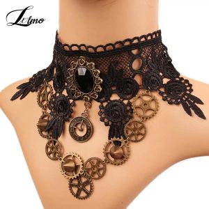 Kolyeler Yakalar Seksi Gotik Chokers Crystal Dişli Zinciri Siyah Dantel Boyun Ceza Kolye Vintage Kadın Chocker Steampunk Takı