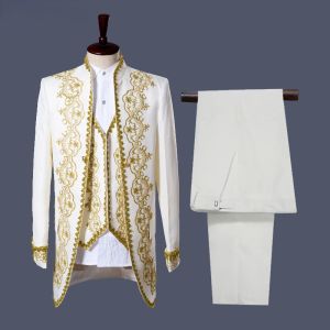 Ceketler Lüks Altın Nakış Beyaz Takım Erkekler Stand yaka erkek 3 adet blazer sahne balo düğün damatlar şarkıcı kostümler ceket homme