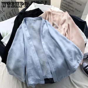 Блузя Wtempo Blue White Transparent Рубашки Женские кимоно японские кардиганы с длинными рукавами.