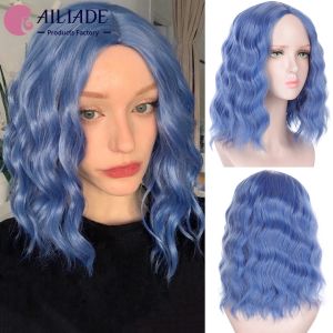 Wigs Ailiade Sentetik Kısa Dalgalı Peruk Turuncu Siyah Mavi Kahverengi Lolita Cosplay Peruk Kadınlar Isıya Dayanıklı Orta Parça Yanlış Saç