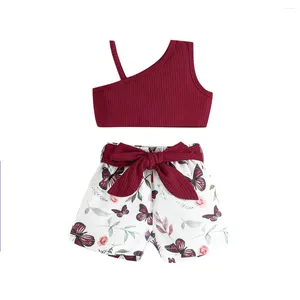 Giyim setleri 0-3 yıl yürümeye başlayan çocuk doğumlu kızlar giysi yaz diyagonal yakalı kolsuz şarap kırmızı tank kelebek baskısı bodur kravat şort