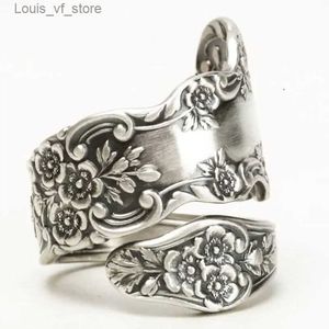 Полоса кольца винтажный серебряный цвет резьба лотос -цветочная ложка для женщин творчество свадебная обручальная вечеринка подарка подарка H240424