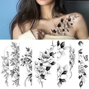 Татуировки Большой размер черный цветочный рисунок поддельная татуировка наклейка для женщин Dot Rose Peony Временные татуировки DIY Трансрока с водой татуировки девушки
