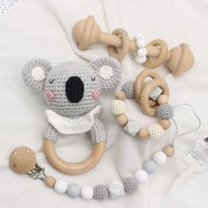 Setler DIY tığ işi fil bebek teether bpa ücretsiz silikon boncuklar diş çıkarma bileziği bebek emziği klips kemirgenler ahşap bebek çıngırak oyuncaklar